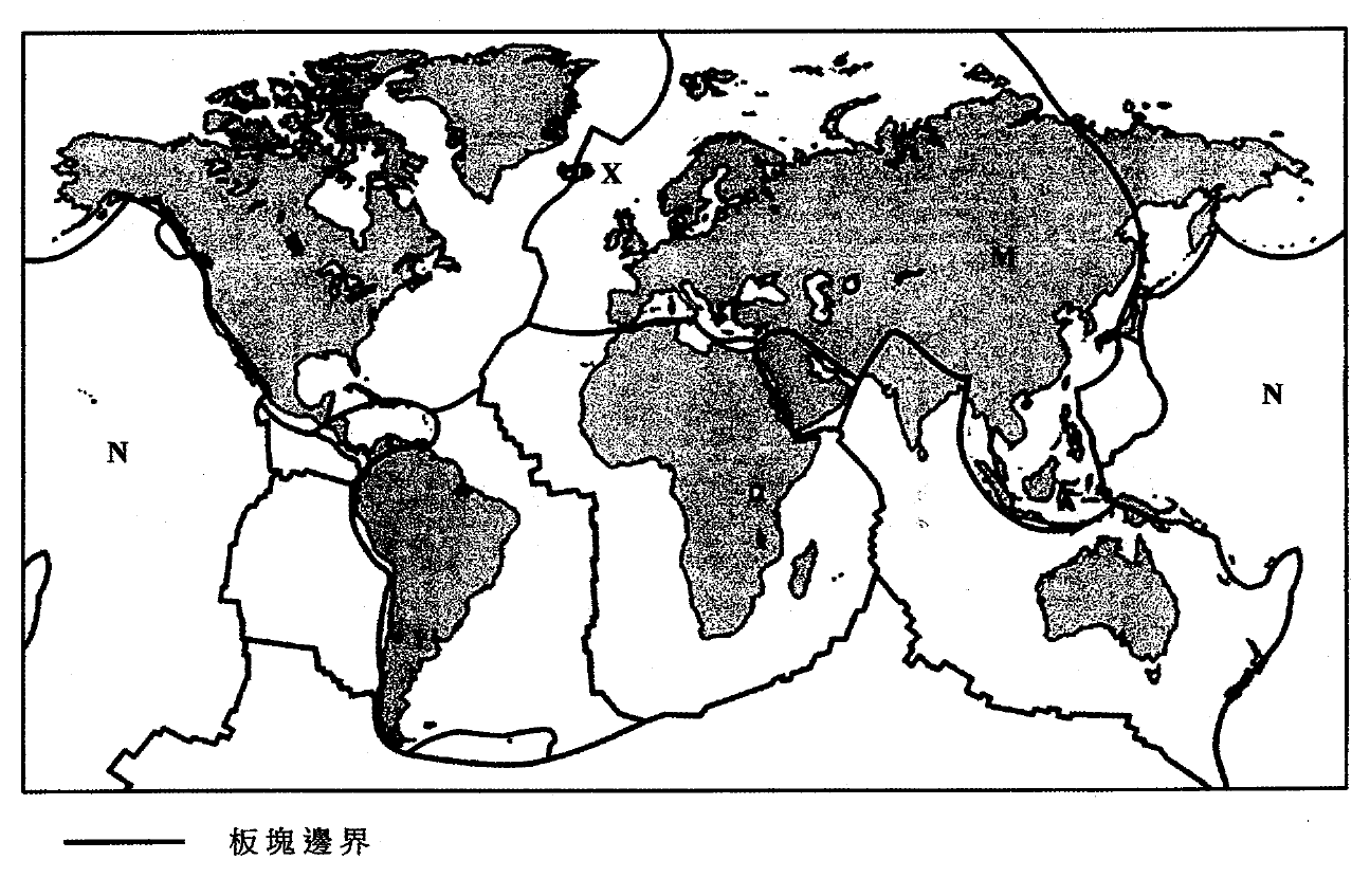 顯示板塊邊界、M 板塊、N 板塊、X 島嶼及 Y 地的世界地圖