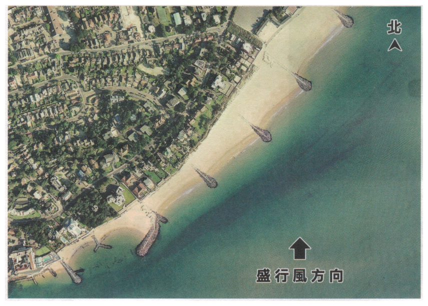 某海岸地區的航空照片,岸邊有一排丁壩;右上方有指北箭嘴(北),並有標示盛行風方向的箭嘴向上(向北)