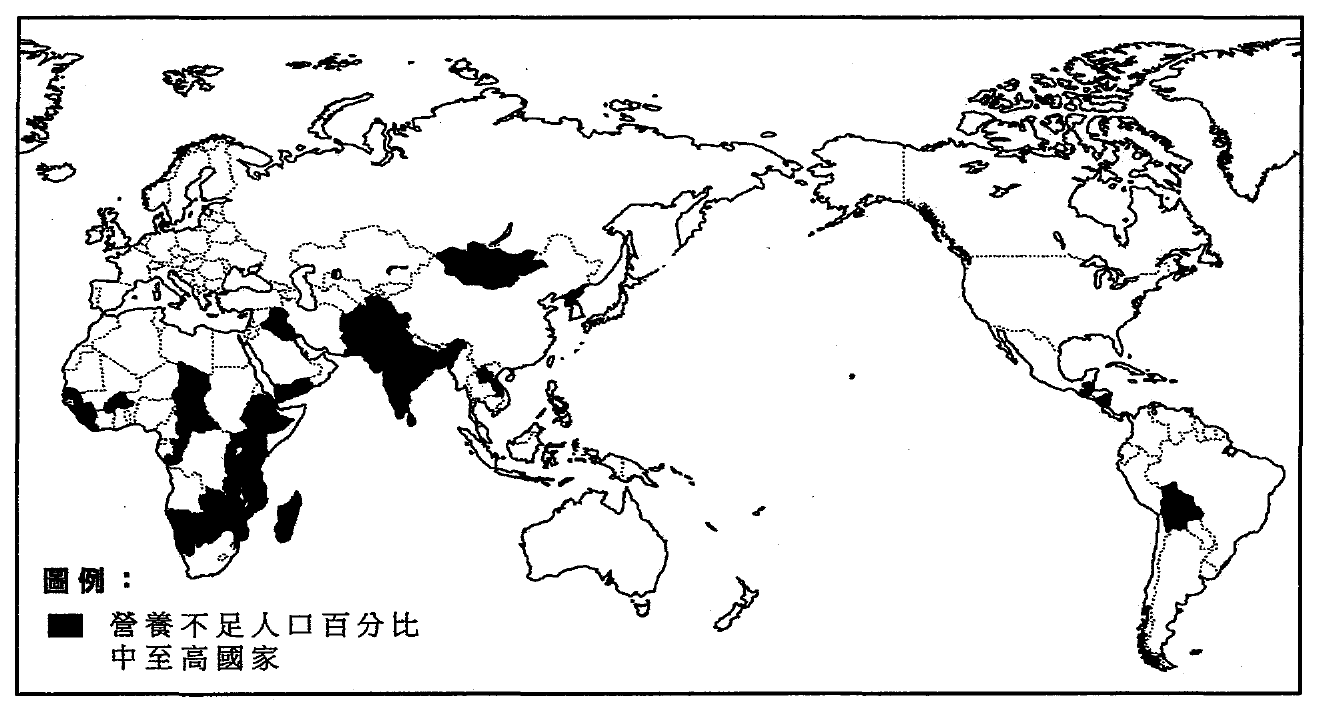 以陰影標示 2015 年營養不足人口百分比為中至高的國家的世界地圖,例如非洲、南亞、蒙古及玻利維亞;圖例:營養不足人口百分比中至高國家