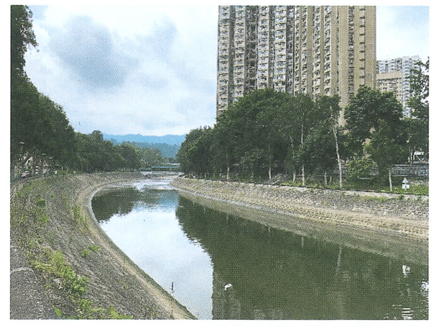 照片:被擴闊及拉直、兩岸以混凝土加固的河道,旁有高層住宅大廈