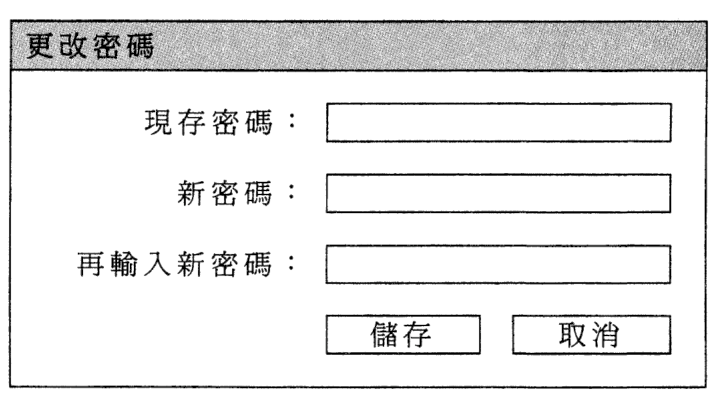 「更改密碼」對話框,有現存密碼、新密碼、再輸入新密碼欄位及儲存、取消按鈕
