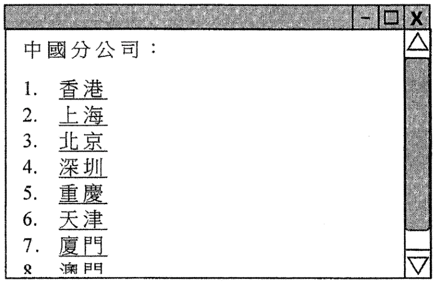 視窗顯示「中國分公司：」，列出 1. 香港、2. 上海、3. 北京、4. 深圳、5. 重慶、6. 天津、7. 廈門、8. 澳門（部分被遮蓋），右邊有捲軸
