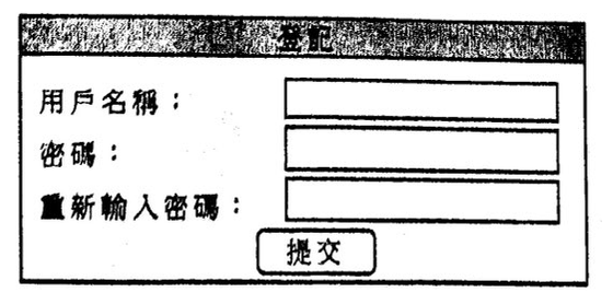 登記表格:用戶名稱、密碼、重新輸入密碼及提交按鈕