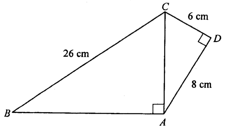 四邊形 ABCD 連對角線 AC;A(∠BAC)及 D(∠CDA)為直角;BC = 26 cm,CD = 6 cm,DA = 8 cm。