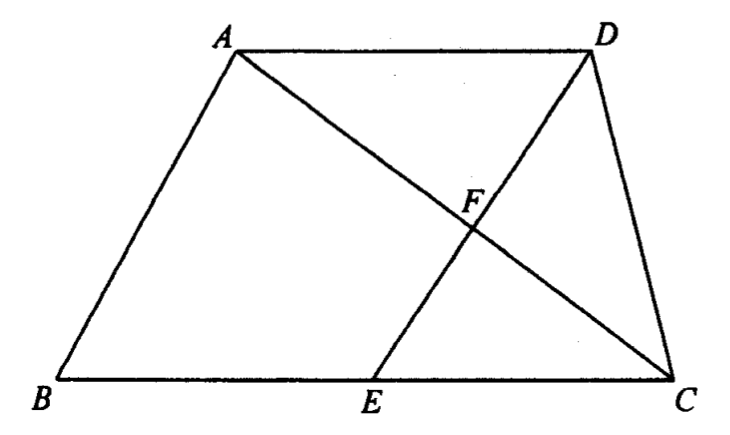 梯形 ABCD,AD 在上方,BC 在下方,E 在 BC 上,AC 與 DE 相交於 F