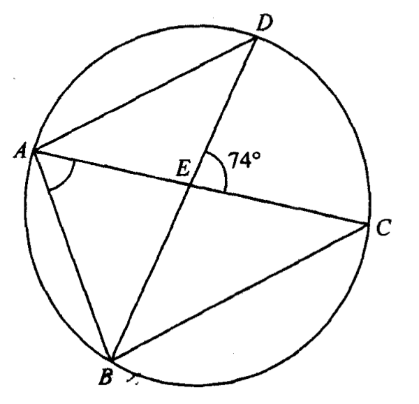 圓通過 A、B、C、D,弦 AB、AD、BC、AC 及 BD;AC 與 BD 相交於 E,∠DEC 標示為 74°,∠BAE 已標記