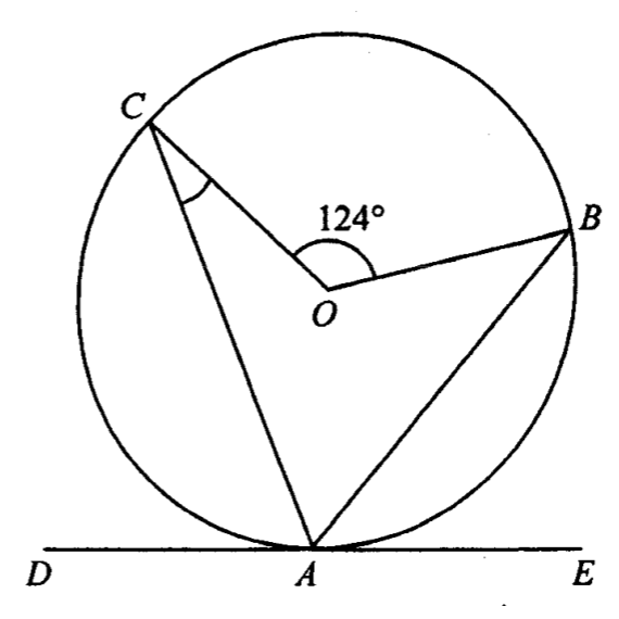 圓 ABC，圓心為 O，弦 AC 及 AB，半徑 OC 及 OB，∠BOC 標示為 124°，∠ACO 已標記，切線 DE 與圓相切於 A