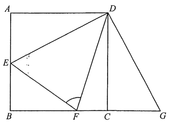 正方形 ABCD,E 在 AB 上,F 在 BC 上,G 在 BC 的延線上,並連接 DE、EF、DF 及 DG;∠DFE 在 F 處標示。