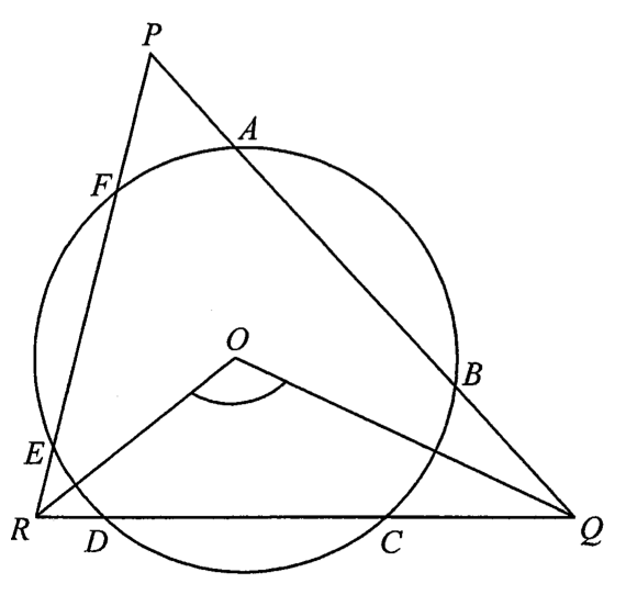圓心為 O 的圓與三角形 PQR 相交於 A、B(在 PQ 上)、C、D(在 QR 上)及 E、F(在 RP 上);連接 OQ 及 OR,並標示 ∠QOR。