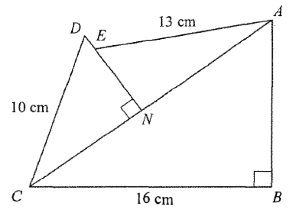 圖:B 處為直角,CB = 16 cm,AE = 13 cm,CD = 10 cm,對角線 AC 與 DN 相交於 N 且 N 處為直角,E 在 DN 上。