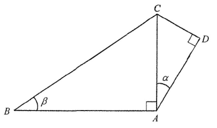 三角形 ABC,A 處為直角,∠ABC = β;D 與 A、C 相連,D 處為直角,∠CAD = α。