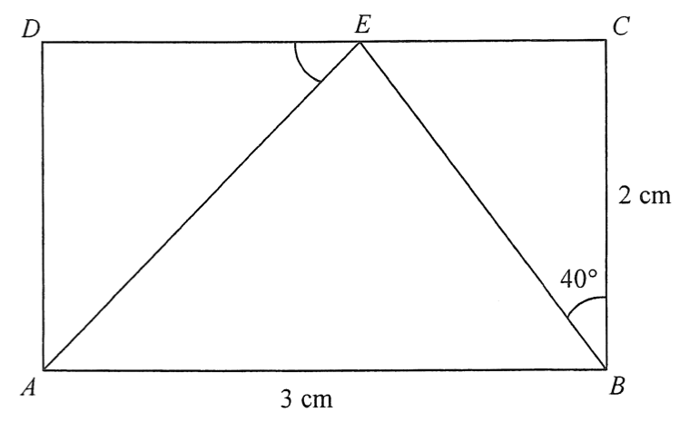 長方形 ABCD,AB = 3 cm,BC = 2 cm,E 在 CD 上,連接 AE 及 BE,∠CBE = 40 度,並標示 ∠AED。