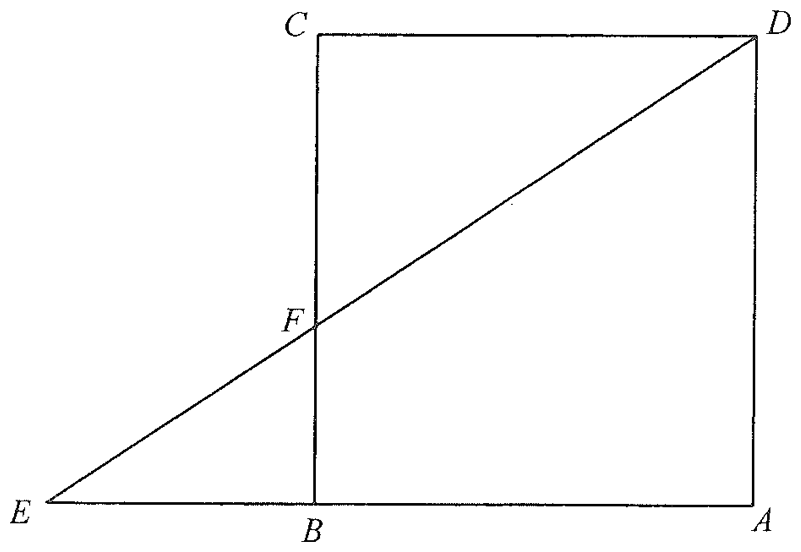 正方形 ABCD,E 在 AB 的延線上(B 之外);DE 與 BC 相交於點 F
