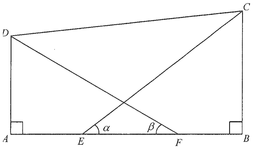 梯形 ABCD,A、B 處為直角;E、F 在 AB 上且 AE = EF = FB;連 CE 及 DF,∠CEB 為 α,∠DFA 為 β