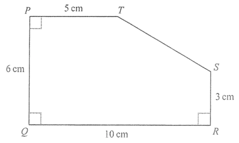 五邊形 PQRST,P、Q、R 處為直角:PT = 5 cm,PQ = 6 cm,QR = 10 cm,RS = 3 cm。