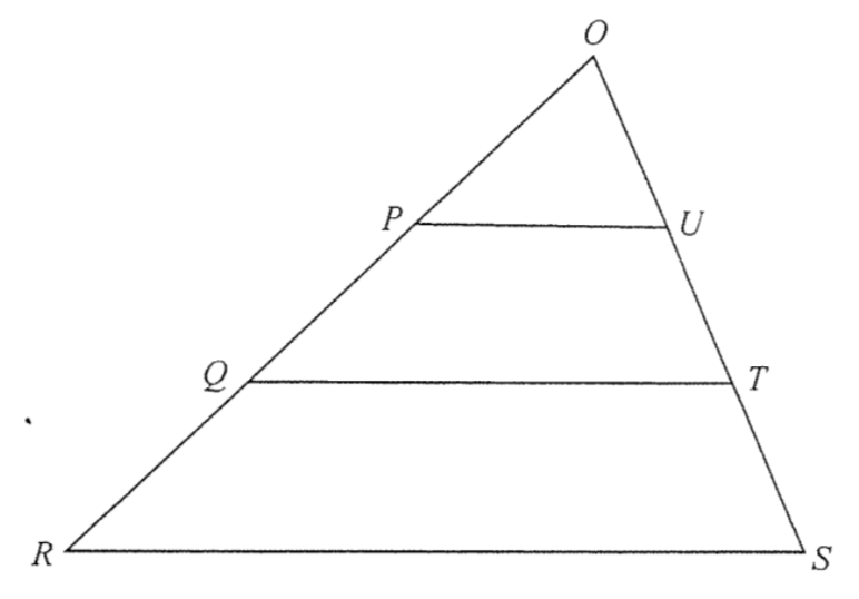 三角形 ORS,P、Q 在 OR 上(OP = PQ = QR),U、T 在 OS 上,其中 PU、QT 及 RS 互相平行。