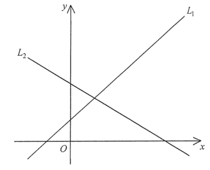 直線 L1 及 L2 在 xy 平面上的圖像:L1 的斜率為正,L2 的斜率為負,兩線在第一象限相交。