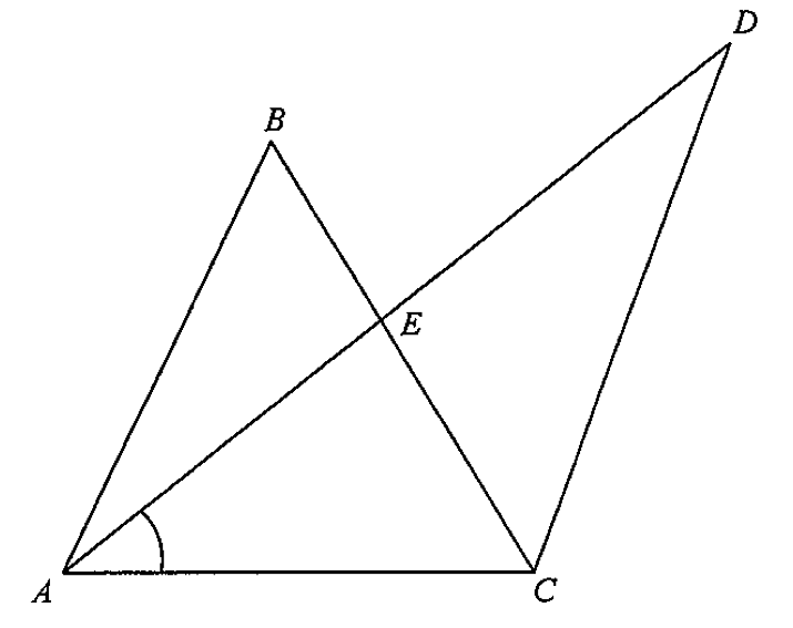 含點 A、B、C、D、E 的圖形：三角形 ABC，AD 與 BC 相交於 E，D 與 C 相連；A 處標示了 CAD 角
