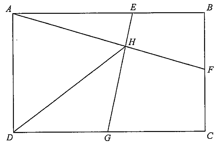 長方形 ABCD,E 在 AB 上,F 在 BC 上,G 在 CD 上;AF 與 EG 相交於 H,D 與 H 相連