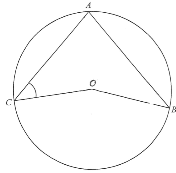 圓 ABC，圓心為 O，連接 OB 及 OC，並標示 ∠ACO
