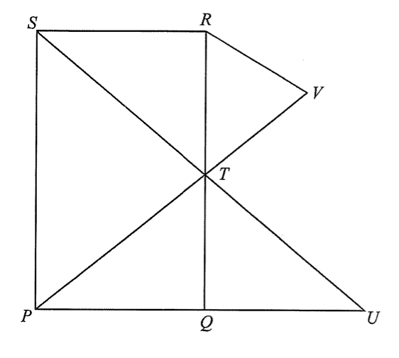 長方形 PQRS，T 在 QR 上，PT 及 ST 的延線分別至 V 及 U，並連接 RV