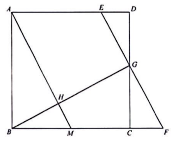 正方形 ABCD,M 在 BC 上,E 在 AD 上,F 在 BC 的延線上,G 在 CD 上,H 為 AM 與 BG 的交點。