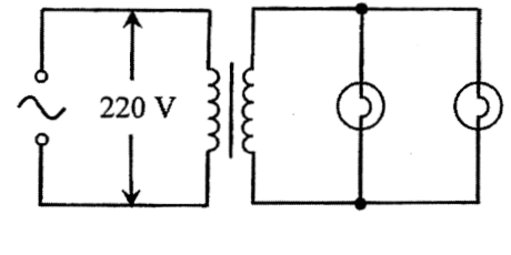 變壓器:原線圈兩端為 220 V 交流電,副線圈並聯連接兩個燈泡