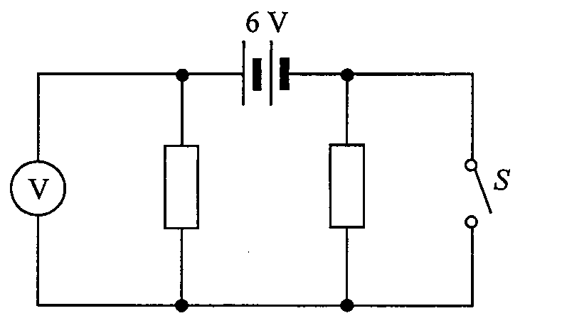 電路:頂部導線上有 6 V 電池;兩個相同的電阻器分別在並聯支路中;伏特計在左支路(與第一個電阻器並聯);開關 S 在右支路