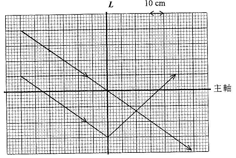 方格紙上的光線圖,顯示透鏡L和主軸(每大格為10 cm):兩平行光線通過透鏡後相交
